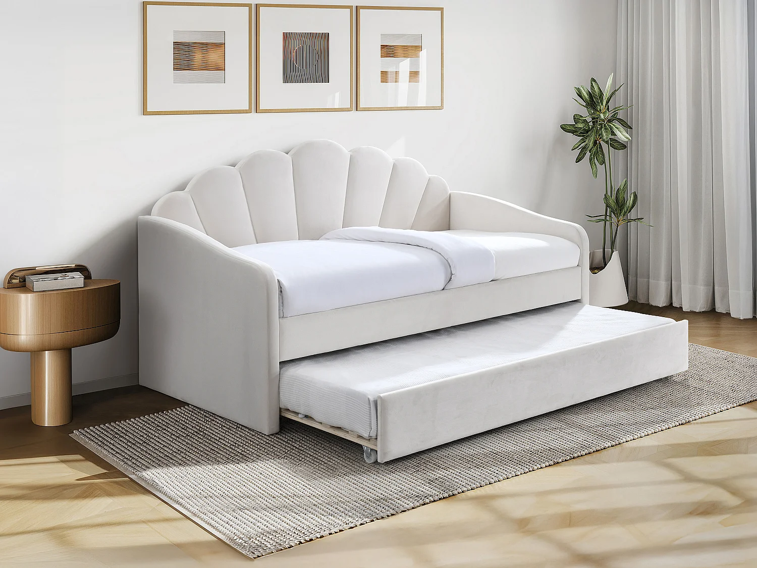 Łóżko wysuwane w kształcie muszli 2 × 90 × 190 cm – welur – białe – ELUSIA 3797579 - obrazek 1