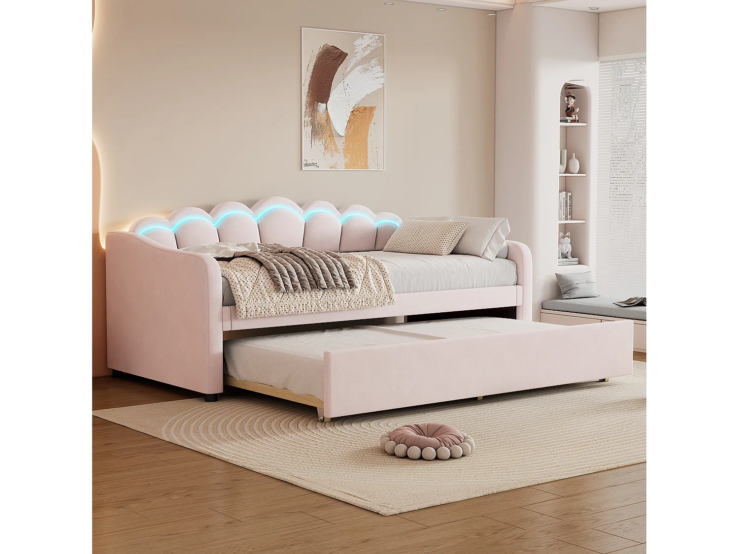 Łóżko dzienne 90x200 cm z wysuwanym łóżkiem i oświetleniem LED, różowy welur - bez materaca 4529502 - obrazek 1