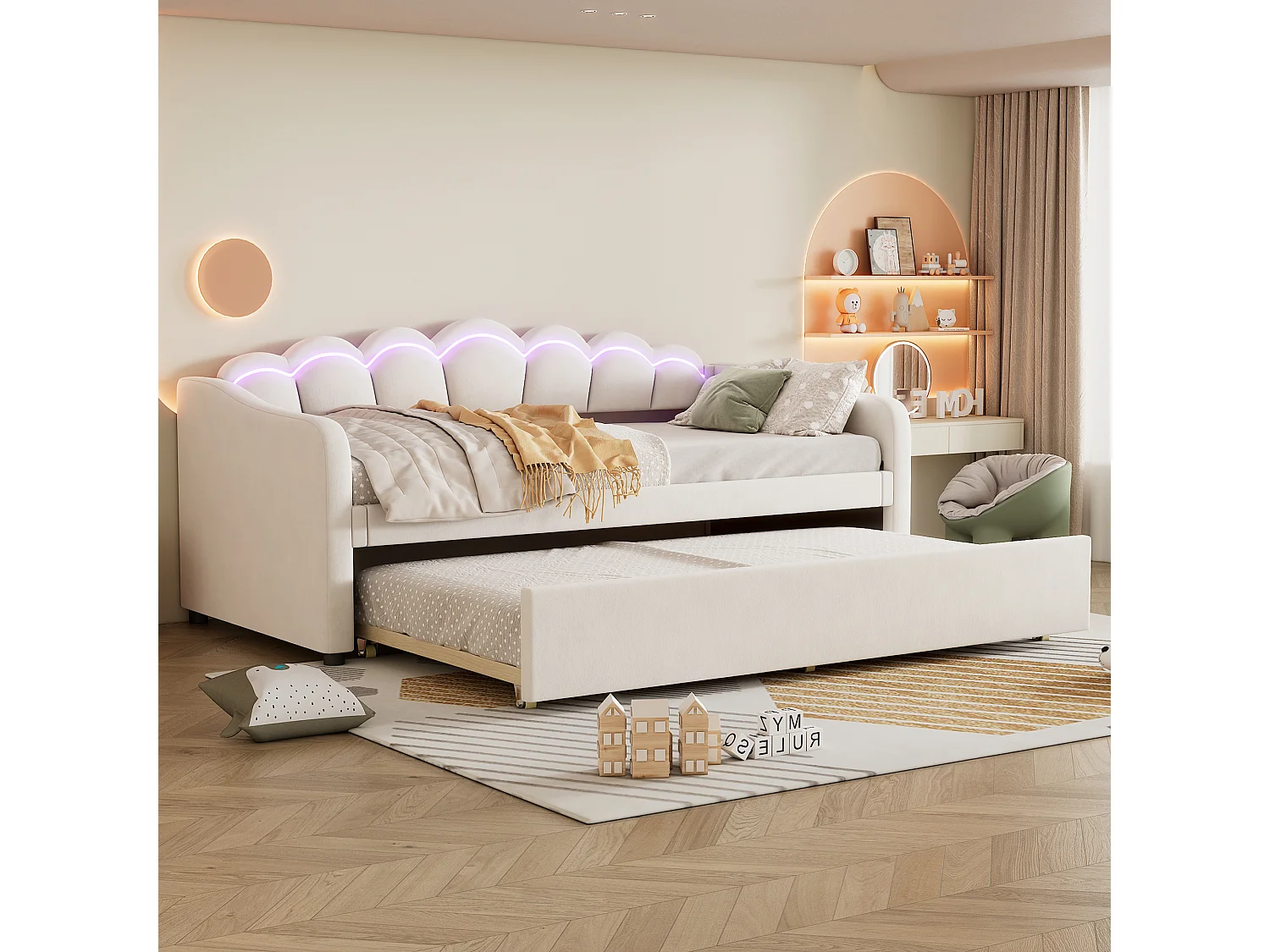 Łóżko dzienne 90x200 cm z wysuwanym łóżkiem i oświetleniem LED, beżowy welur - bez materaca 4529505 - obrazek 1