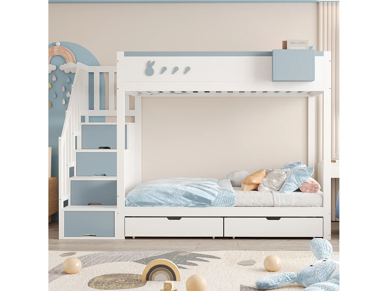Łóżko piętrowe dla dzieci - 2 x 90 x 200 cm - z drabinką + 2 szuflady - drewno - biały + niebieski 4529973 - obrazek 1