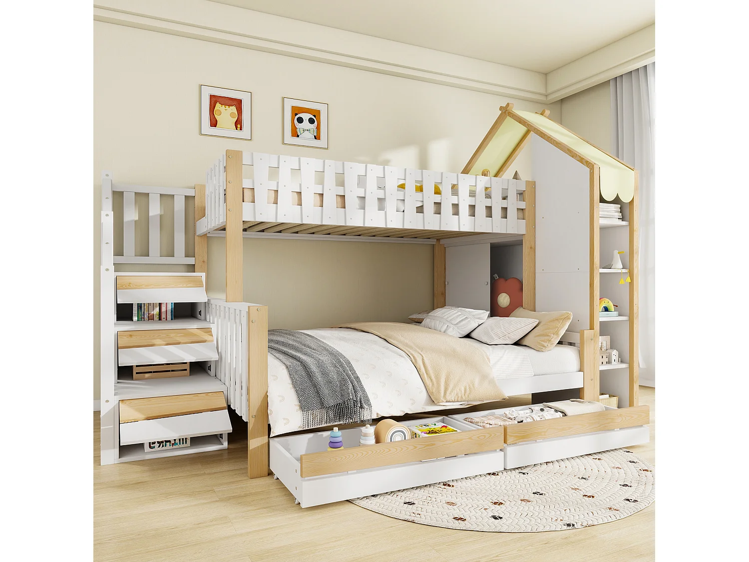 Łóżko piętrowe dla dzieci – 90 x 200 cm + 140 x 200 cm – z drabinką + 2 szuflady – drewno – kolor biały + naturalny 4529981