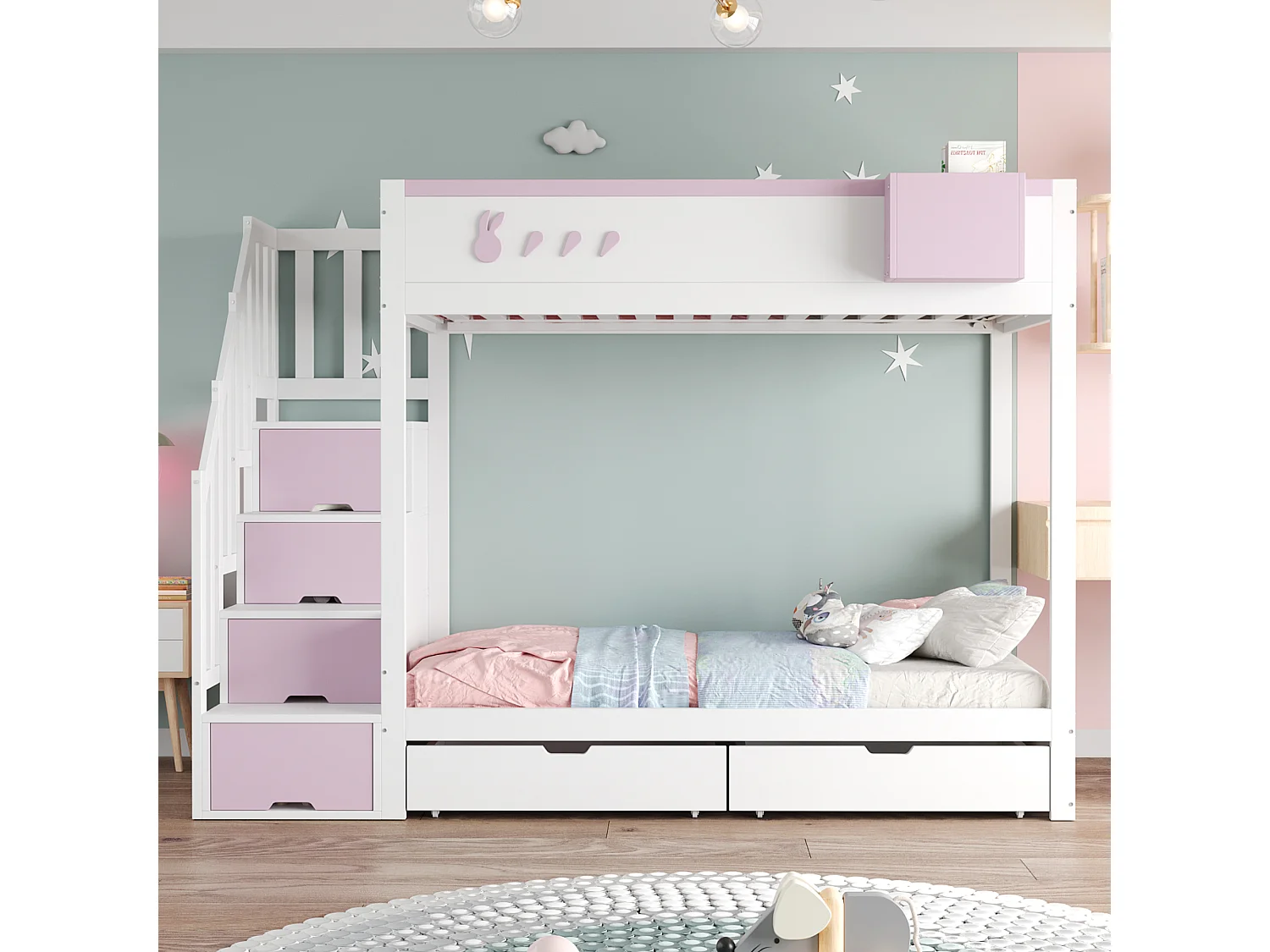 Łóżko piętrowe dla dzieci - 2 x 90 x 200 cm - z drabinką + 2 szuflady - drewno - biały + różowy 4529993 - obrazek 1