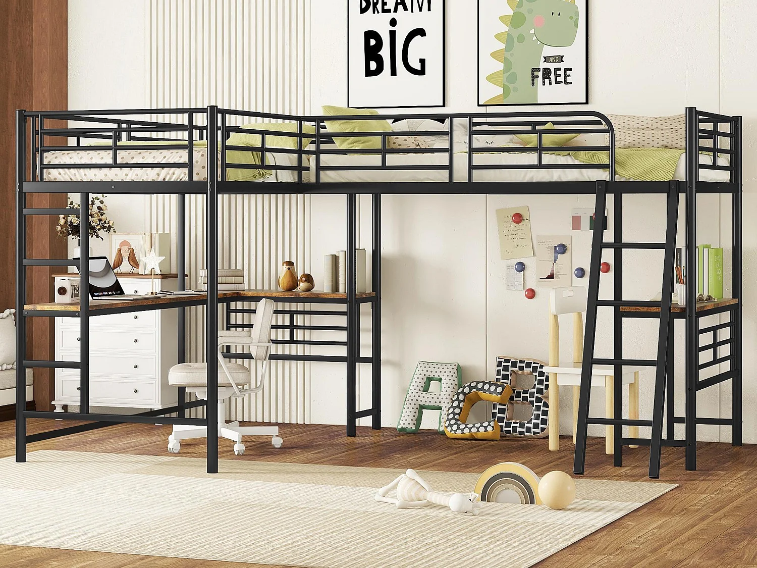 Łóżko na antresoli - 2 łóżka 90x200 cm - 2 biurka pod łóżkiem - Czarne 2745039 - obrazek 1