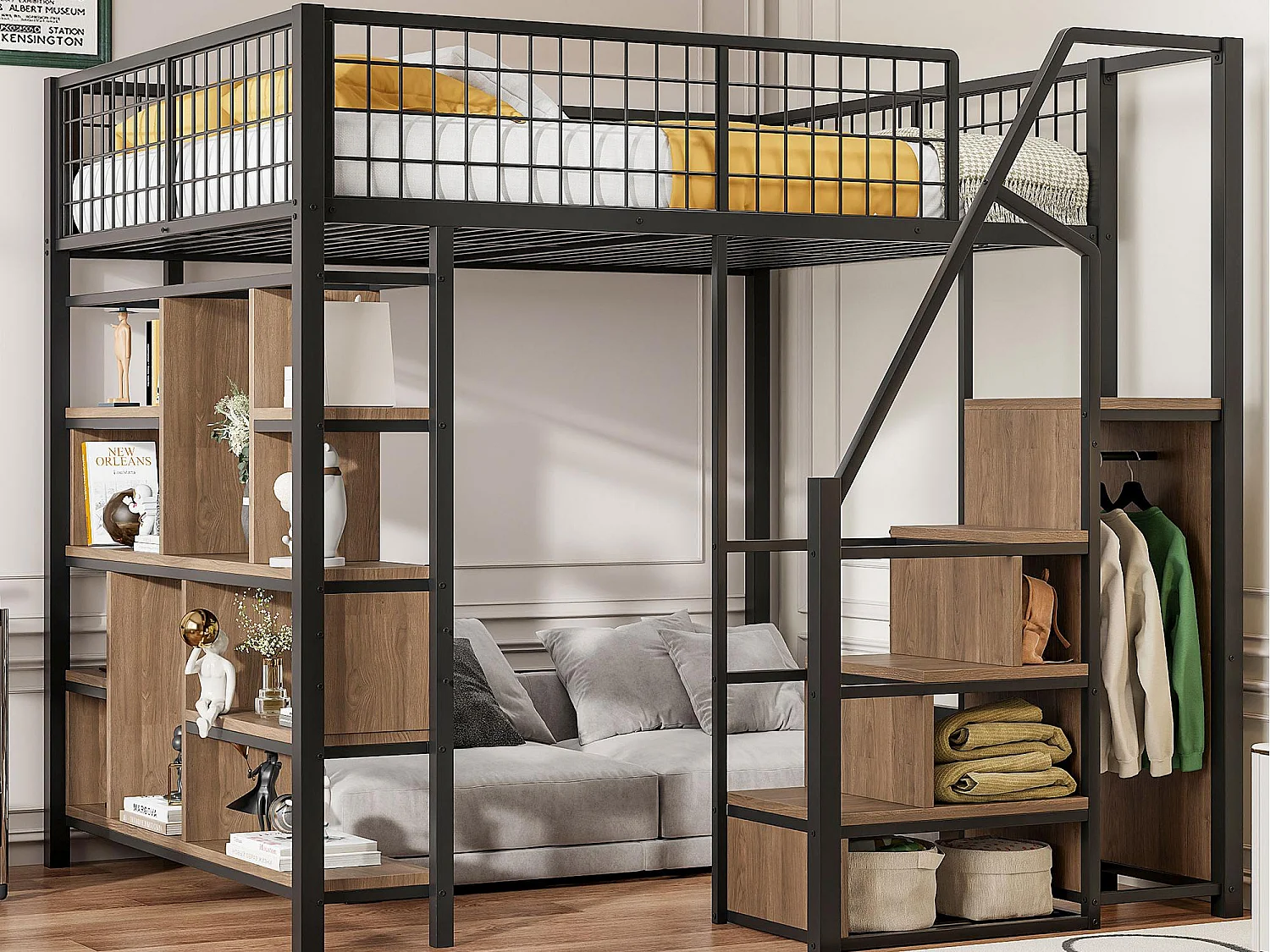 Łóżko mezzanine 140x200cm z metalu - z półkami i schodami - Czarne (materac nie jest w zestawie) 3689251 - obrazek 1