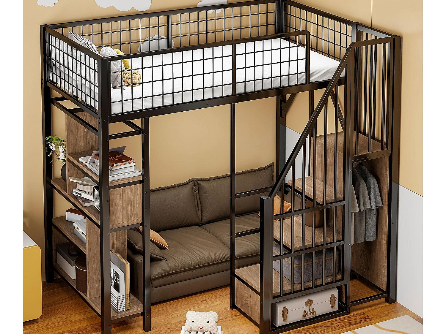 Łóżko mezzanine 90x200 cm - Łóżko metalowe - z przechowywaniem - ze schodami - z barierkami bezpieczeństwa - Czarny (materac nie jest w zestawie) 4538281 - obrazek 1