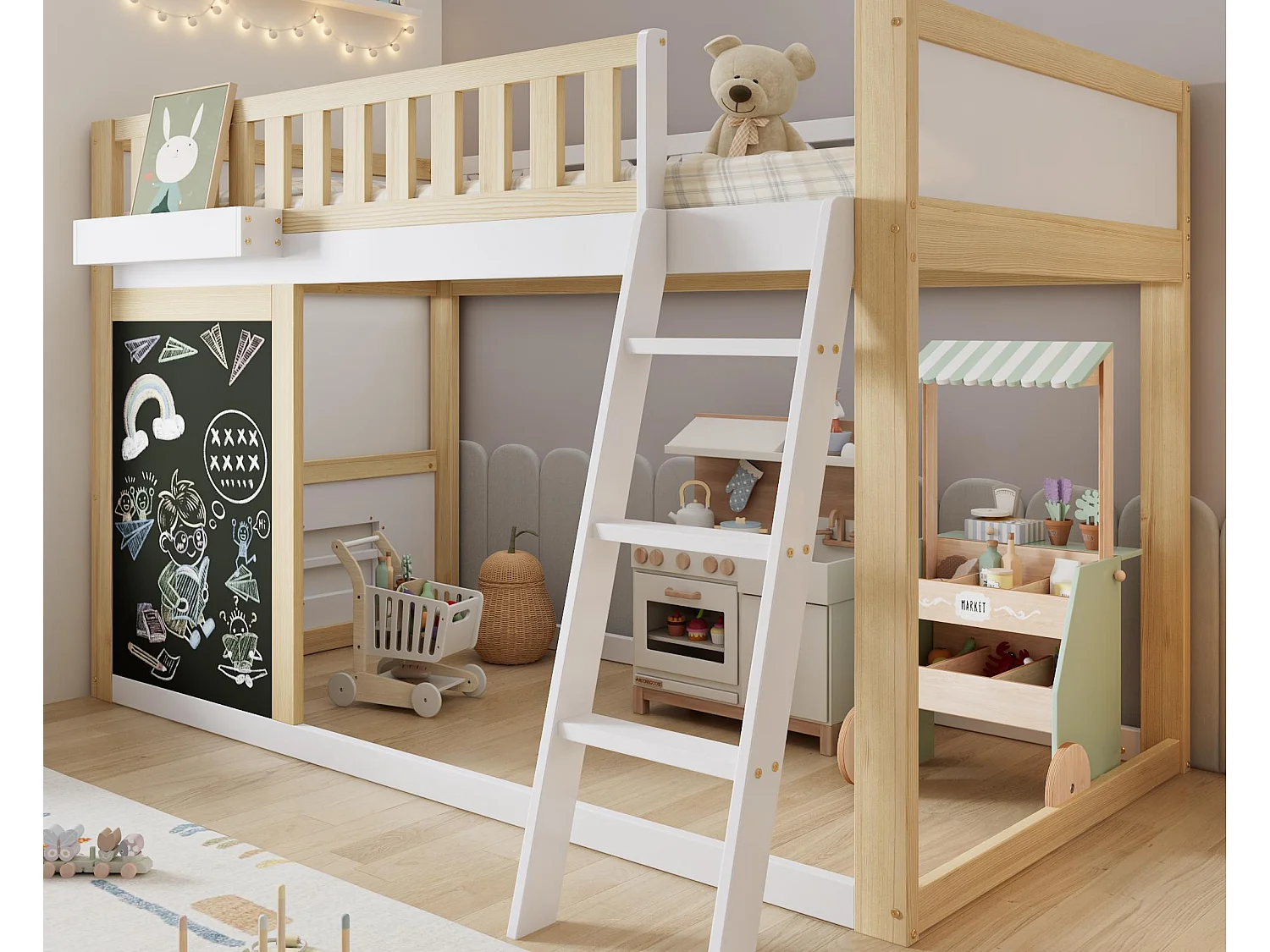 Łóżko mezzanine 90x200cm - z drabiną i tablicą - z barierką bezpieczeństwa - drewno lite + MDF - Biały + Naturalny (bez materaca) 4538325 - obrazek 1