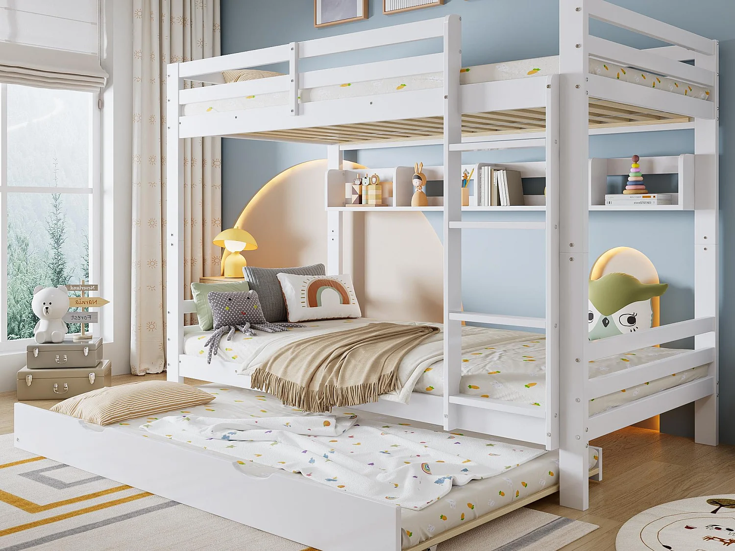 Łóżko piętrowe 90x200cm – z łóżkiem wysuwanym – z półkami i drabiną – Drewno lite + MDF – Biały (bez materaca) 4540103