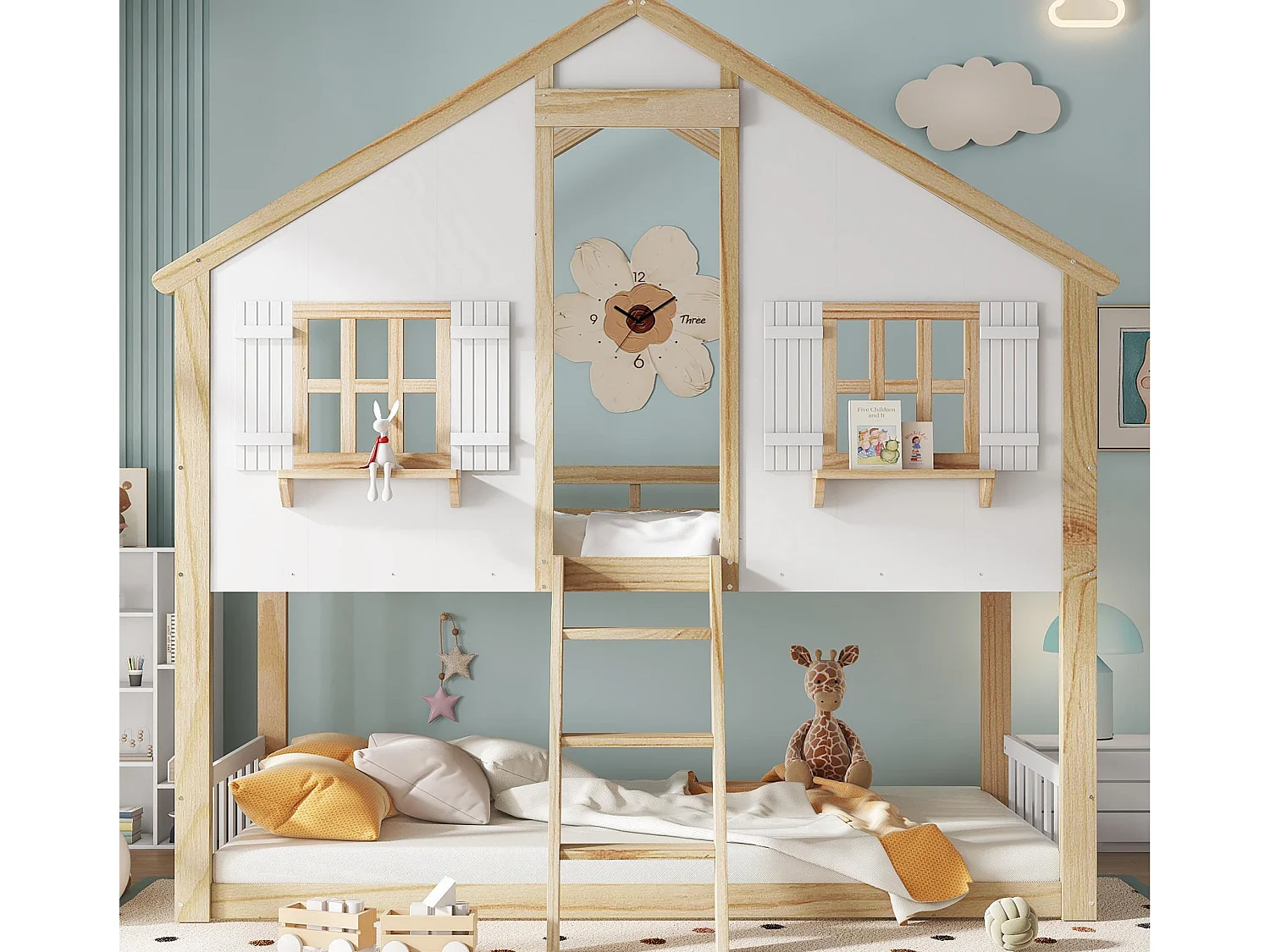 Łóżko piętrowe 90x200cm – z drabiną i barierką – z oknami i kształtem domu – Drewno lite + MDF – Biały + Naturalny 4540119