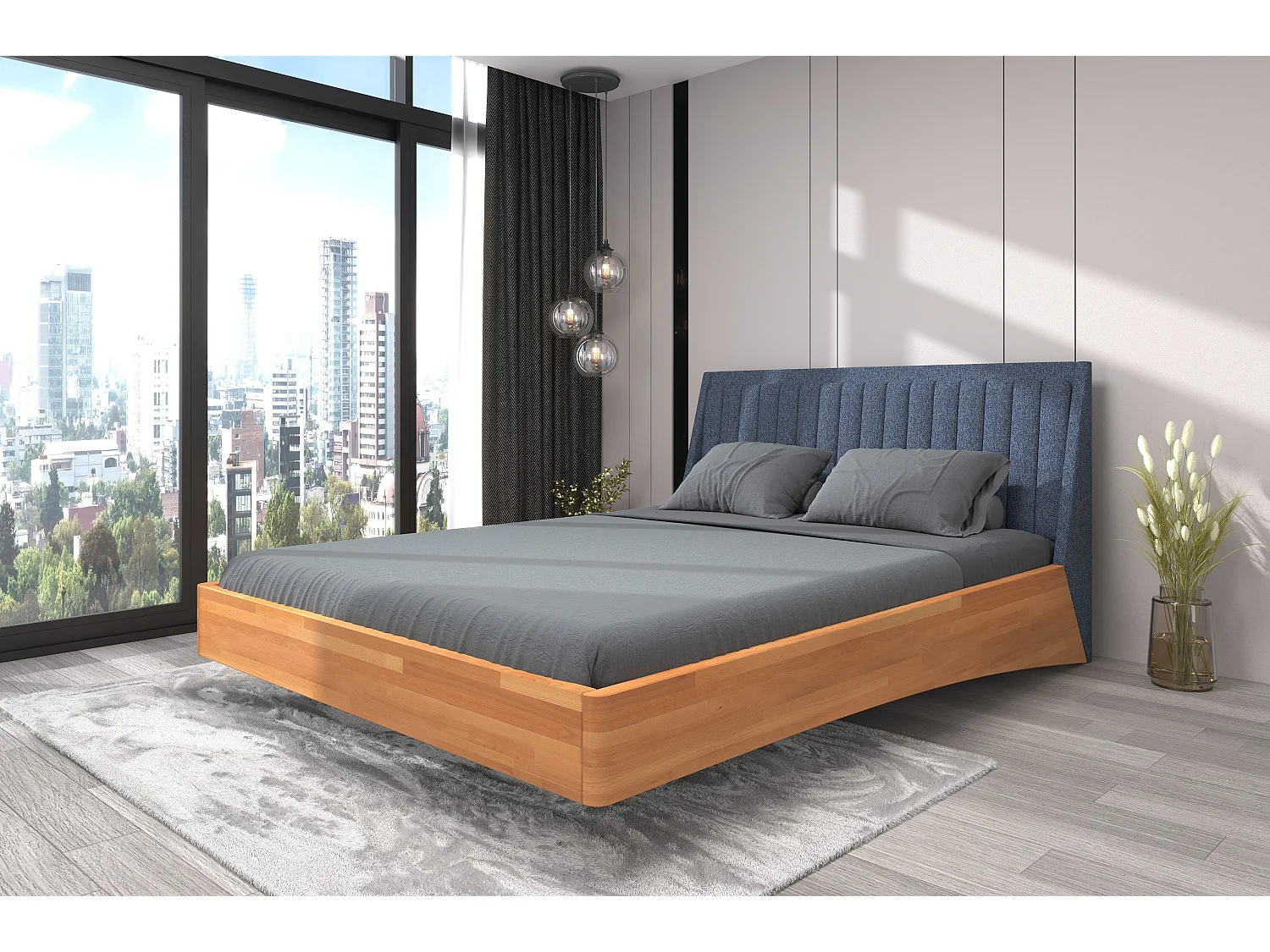 Łóżko bukowe lewitujące Visby ULF, 140×200, naturalny/denim 3539905