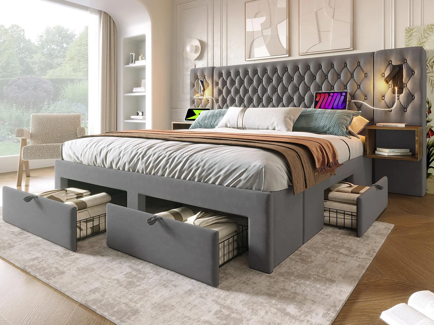 Łóżko dwuosobowe z weluru 160x200 cm - z 2 szafkami nocnymi i 4 szufladami - 2 lampki do czytania z gniazdem USB - Szare (materac nie wchodzi w skład zestawu) 3556181 - obrazek 1