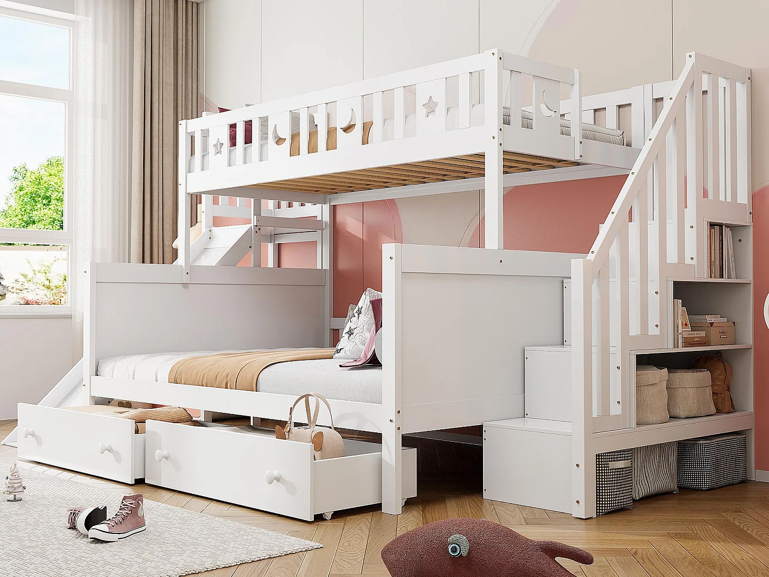 Łóżko piętrowe 90×200 + 140×200 cm – lite drewno – z prowadnicą, półką i 2 dużymi szufladami – Białe 2707469