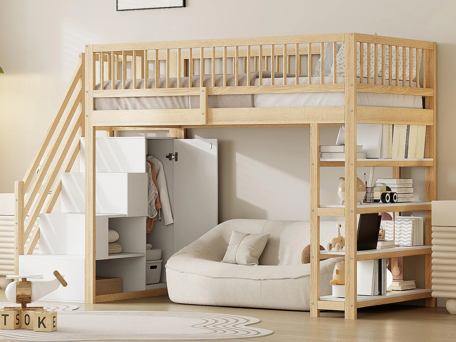Łóżko mezzanine 90x200 cm - z półkami i drabiną do przechowywania - z litego drewna - naturalne 3553952 - obrazek 1