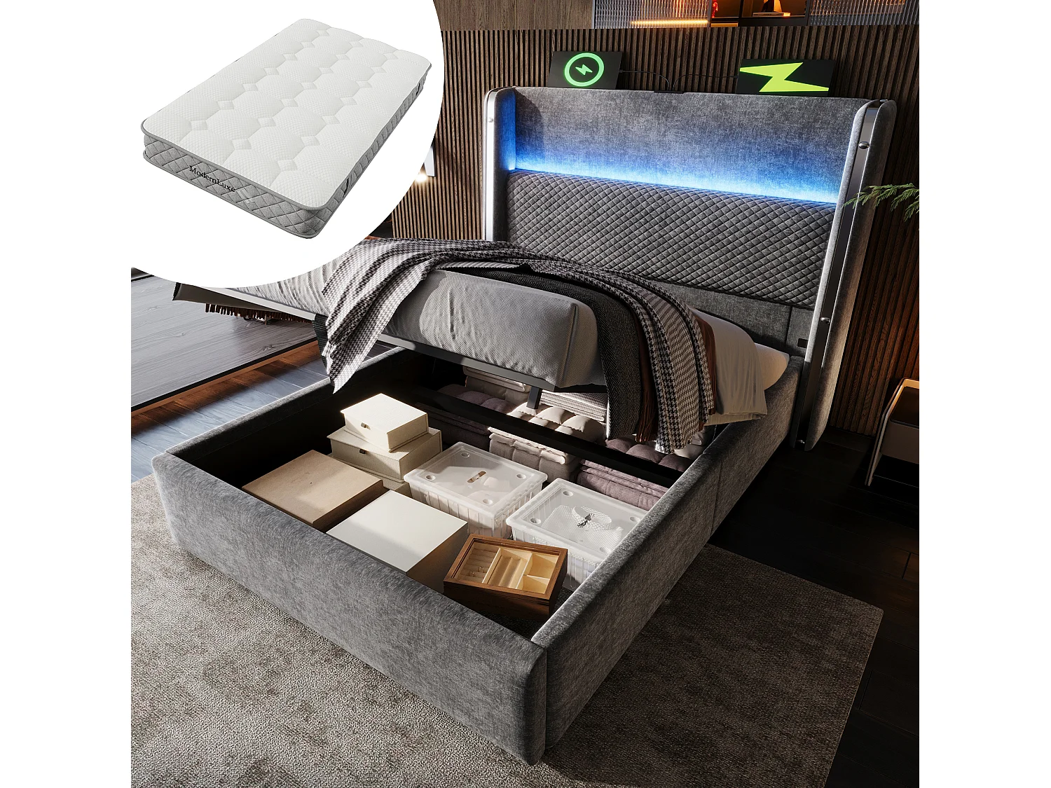 Łóżko hydrauliczne ze schowkiem i zagłówkiem + diody LED i porty USB/Type-C – 90 x 200 cm – len – szare (z materacem) 4623491