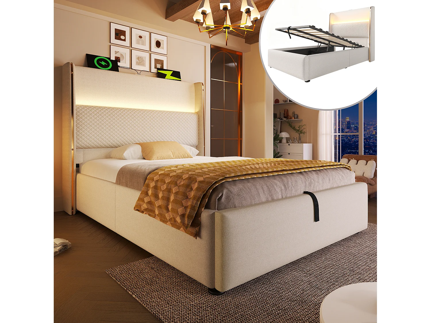 Łóżko hydrauliczne ze schowkiem i zagłówkiem + diody LED i porty USB/Type-C – 90 x 200 cm – len – beż 4623502