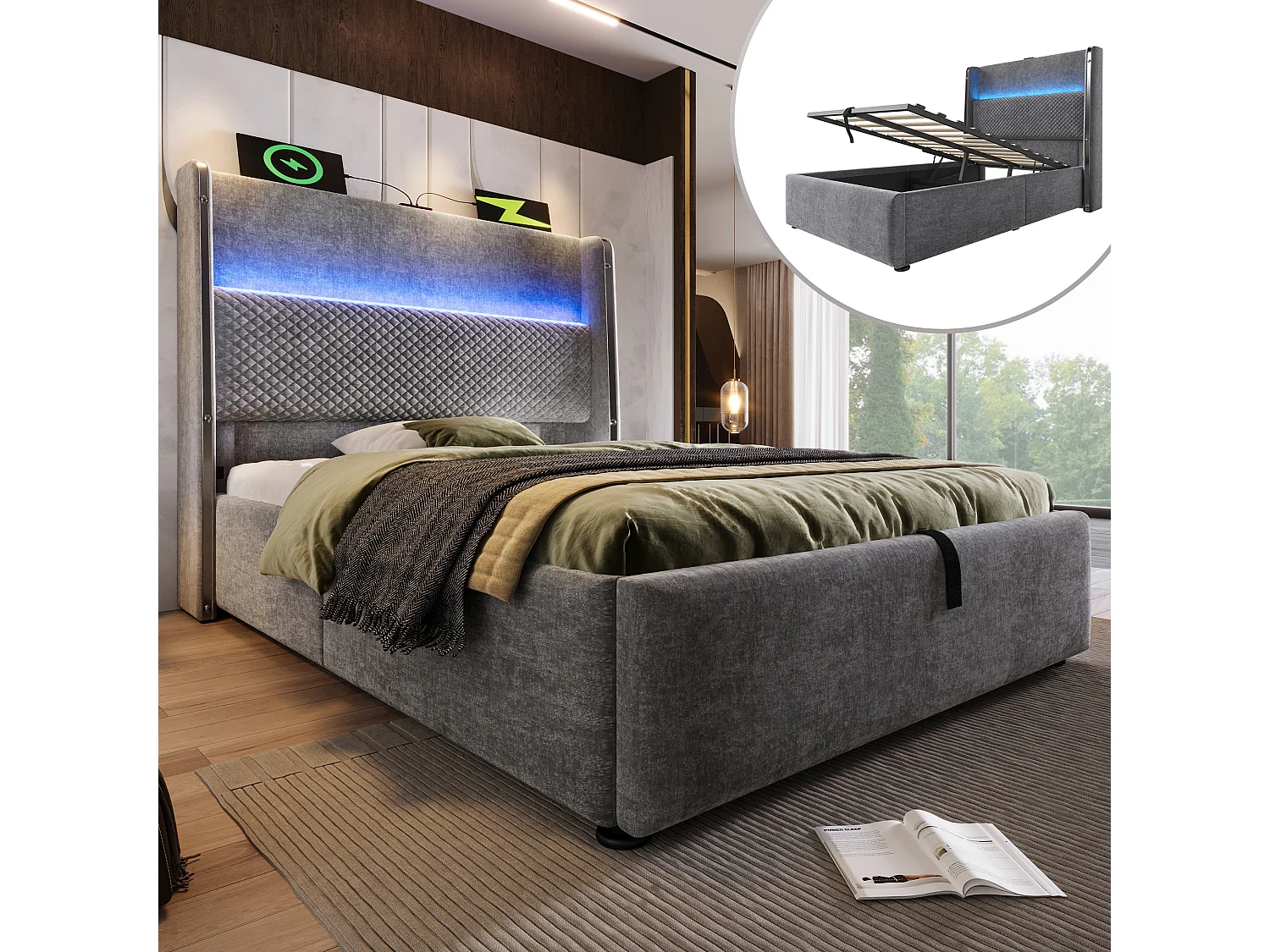 Łóżko hydrauliczne ze schowkiem i zagłówkiem + diody LED i porty USB/Type-C – 90 x 200 cm – len – szary 4623514
