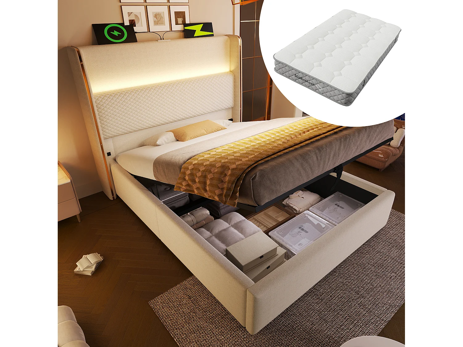 Łóżko hydrauliczne ze schowkiem i zagłówkiem + diody LED i porty USB/Type-C – 90 x 200 cm – len – beżowe (z materacem) 4623581