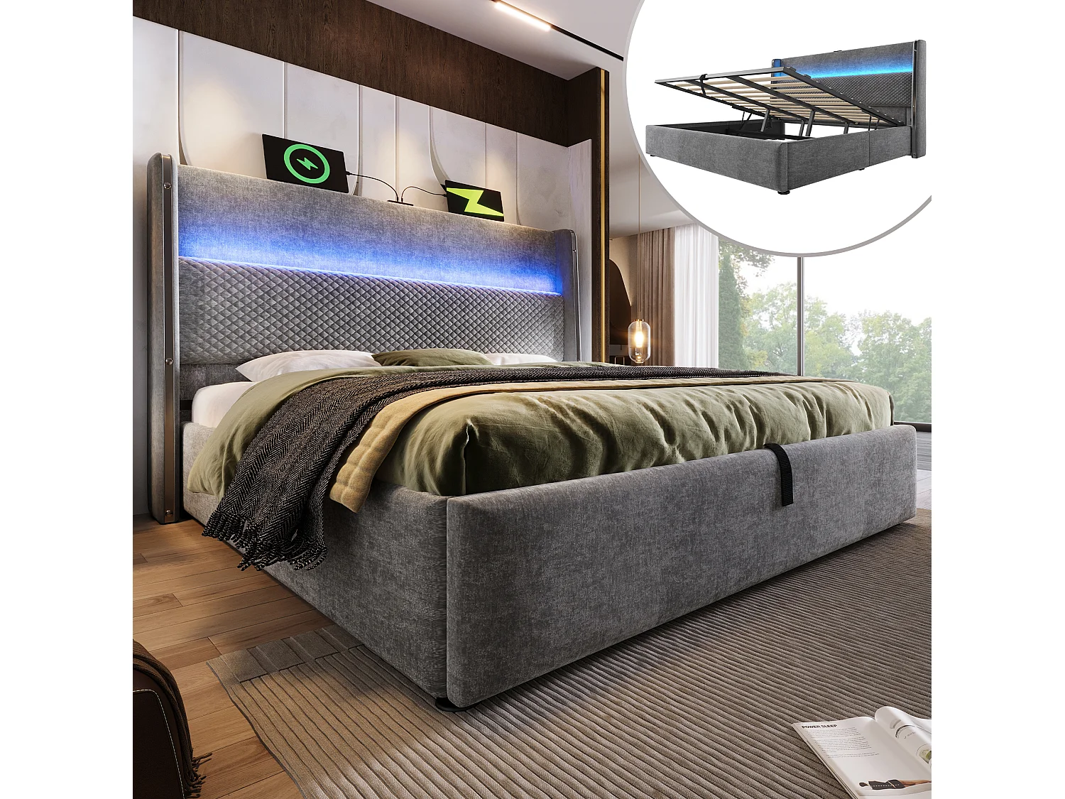 Łóżko hydrauliczne ze schowkiem i zagłówkiem + diody LED i porty USB/Type-C – 180 x 200 cm – len – szary 4623597