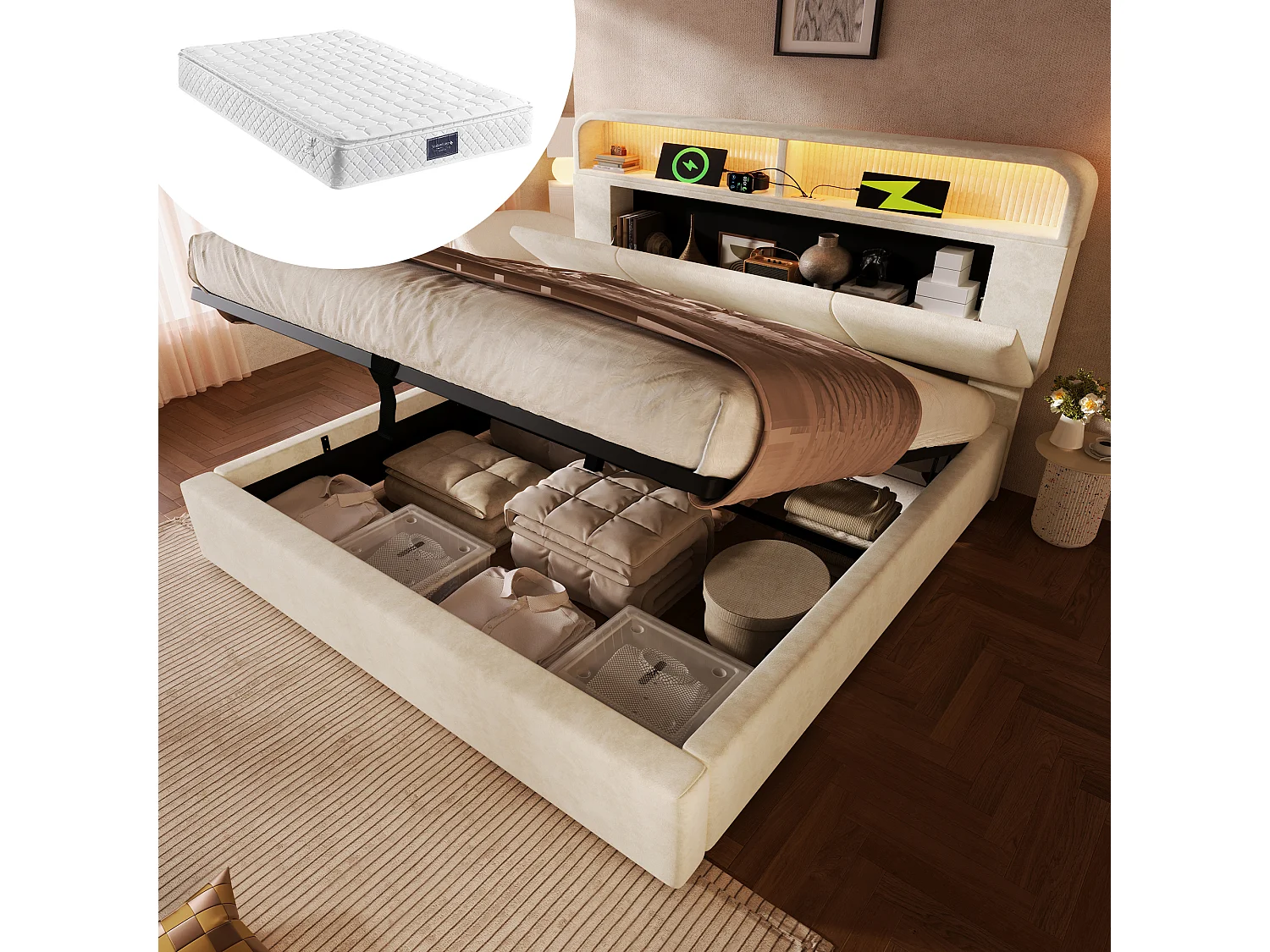 Łóżko hydrauliczne ze schowkiem – 140 x 200 cm – regulowany zagłówek ze schowkiem – z diodami LED + USB/Typ-C – welurowe – beżowe (z materacem) 4623614