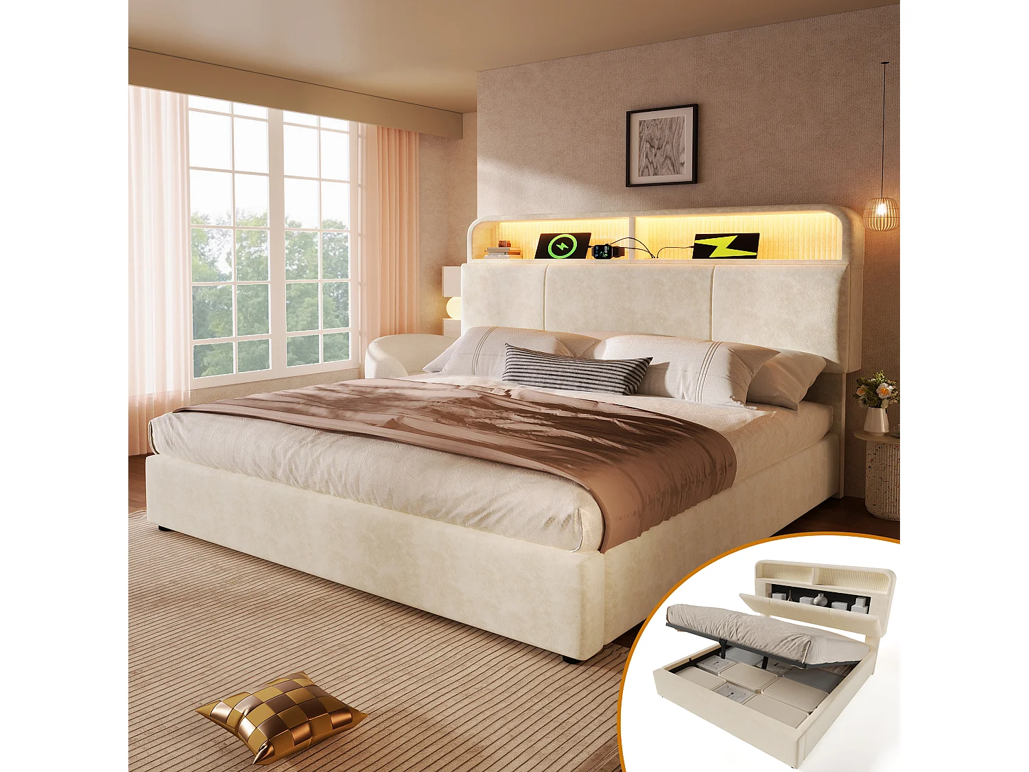 Łóżko hydrauliczne ze schowkiem – 180 x 200 cm – regulowany zagłówek ze schowkiem – z diodami LED + USB/Typ-C – aksamitne – beżowe 4623636