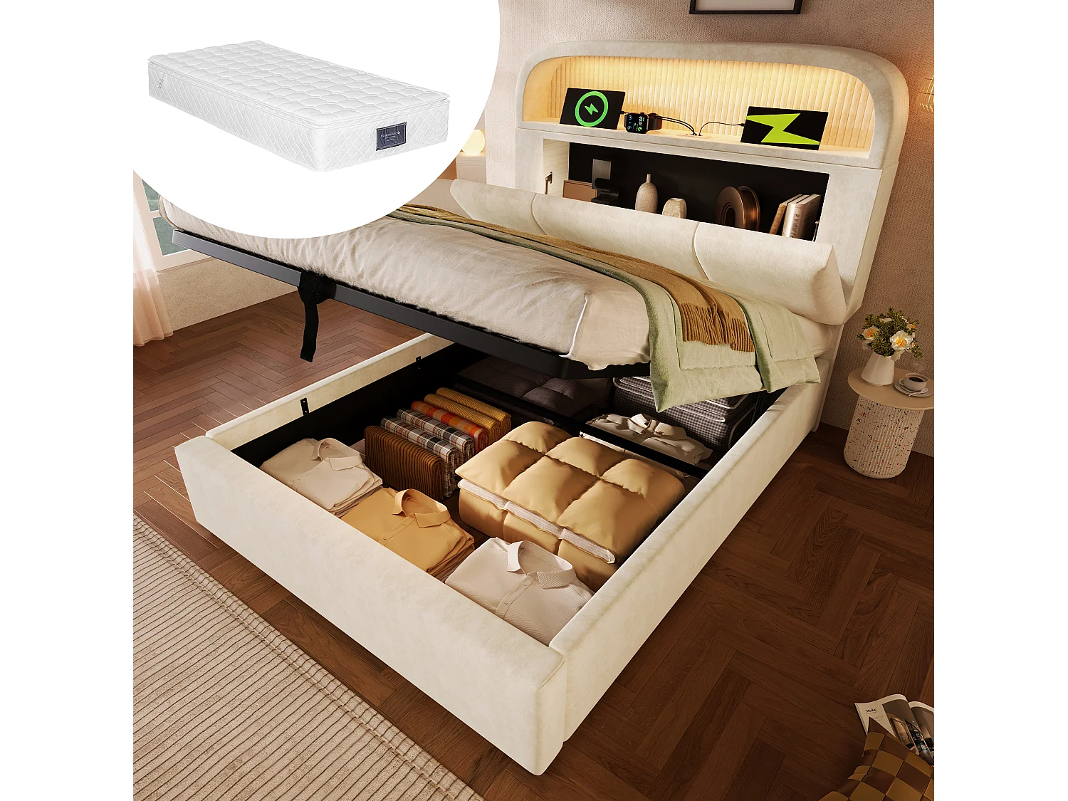 Łóżko hydrauliczne ze schowkiem – 90 x 200 cm – regulowany zagłówek ze schowkiem – z diodami LED + USB/Typ-C – welurowe – beżowe (z materacem) 4623641