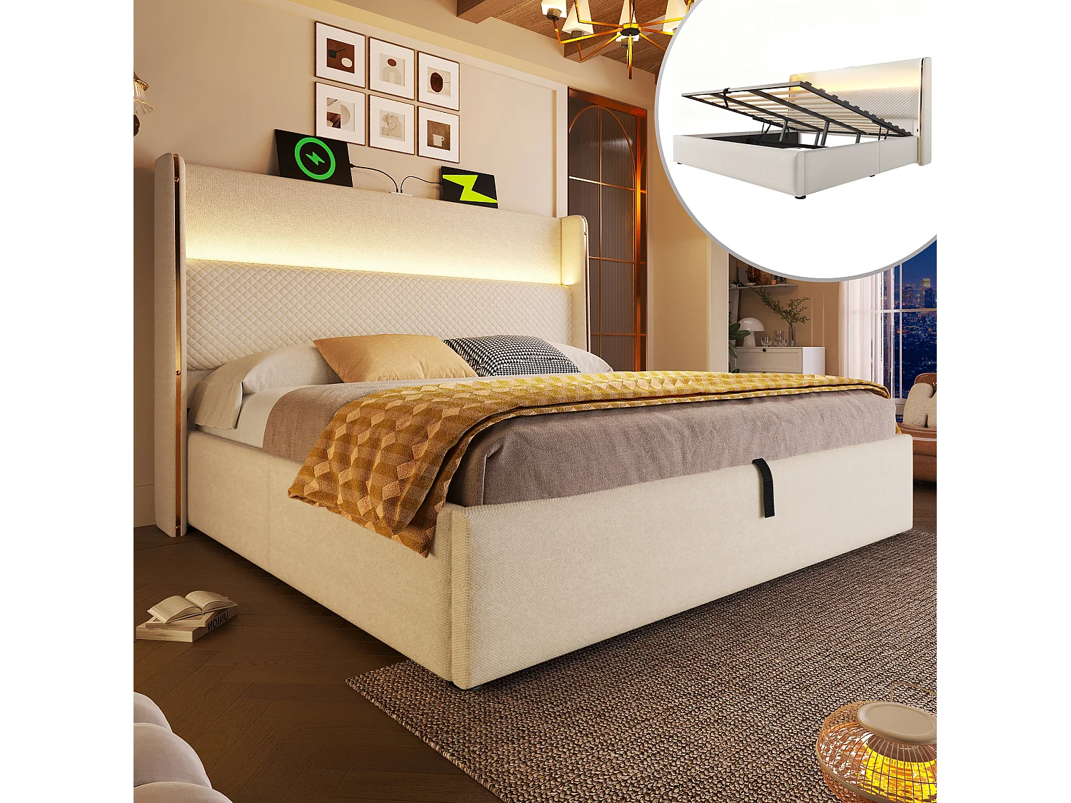 Łóżko hydrauliczne ze schowkiem i zagłówkiem + oświetlenie LED i porty USB/Type-C – 160 x 200 cm – len – beż 4623646
