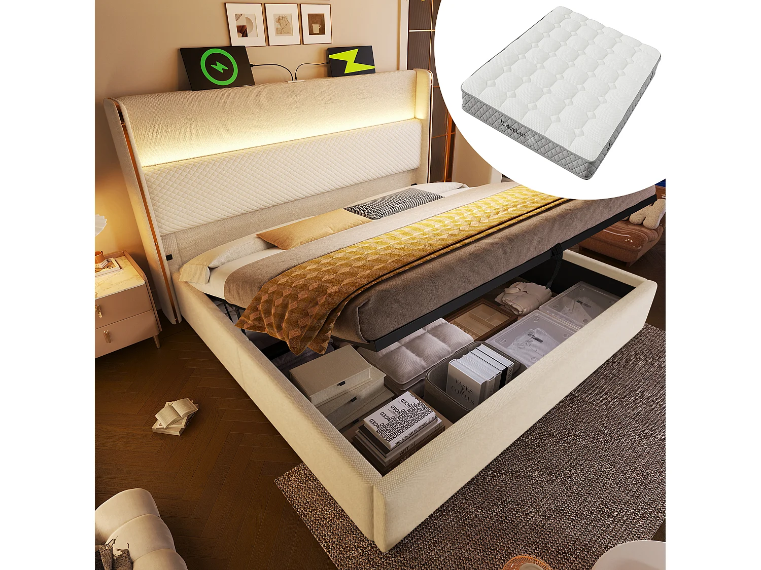 Łóżko hydrauliczne ze schowkiem i zagłówkiem + diody LED i porty USB/Type-C – 140 x 200 cm – len – beż (z materacem) 4623644