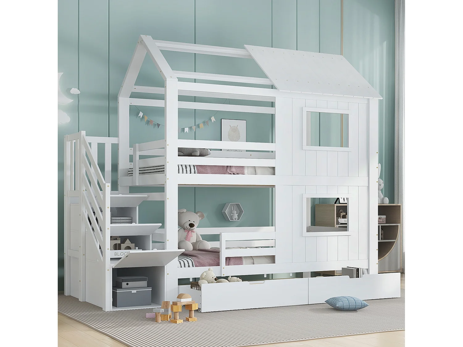 Łóżko piętrowe dla dzieci - 2 x 90 x 200 cm - ze schodkami do przechowywania + 2 szuflady + okna i dach - sosna + MDF + sklejka - białe 4623970 - obrazek 1