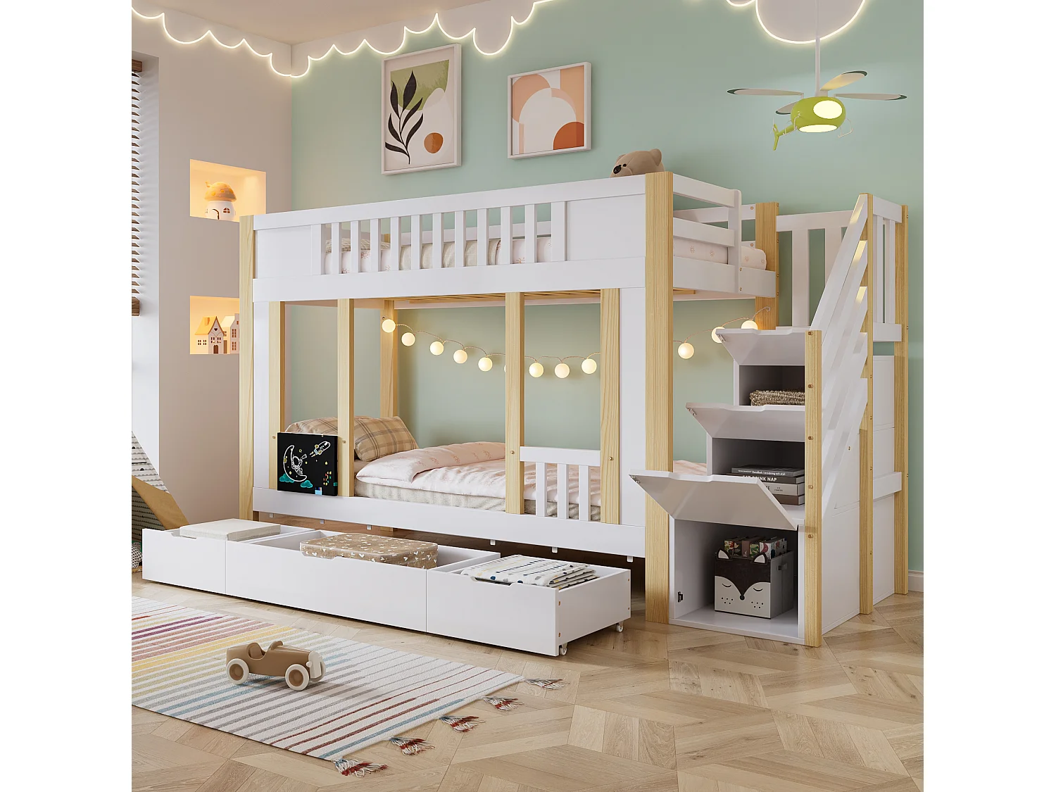 Łóżko piętrowe dla dzieci - 2 x 90 x 200 cm - ze schodkami do przechowywania + 3 szuflady - sosna + MDF + sklejka - białe + naturalne 4623971 - obrazek 1