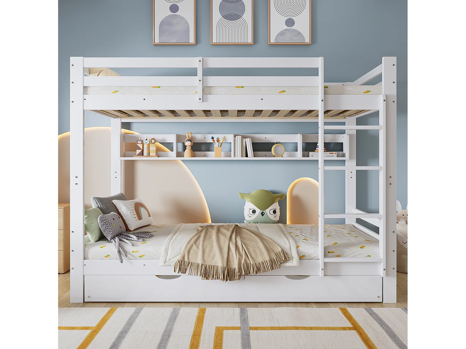 Łóżko piętrowe dla dzieci - 2 x 90 x 200 cm - z łóżkiem wysuwanym 90 x 190 cm + półki - sosna + MDF + sklejka - białe 4623974 - obrazek 1