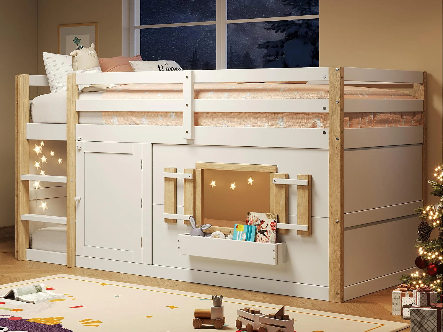 Łóżko na antresoli dziecięce 90×200 cm – z drabiną i barierką bezpieczeństwa – z małymi drzwiczkami – MDF + drewno lite – Biały (materac nie jest dołączony) 4625939