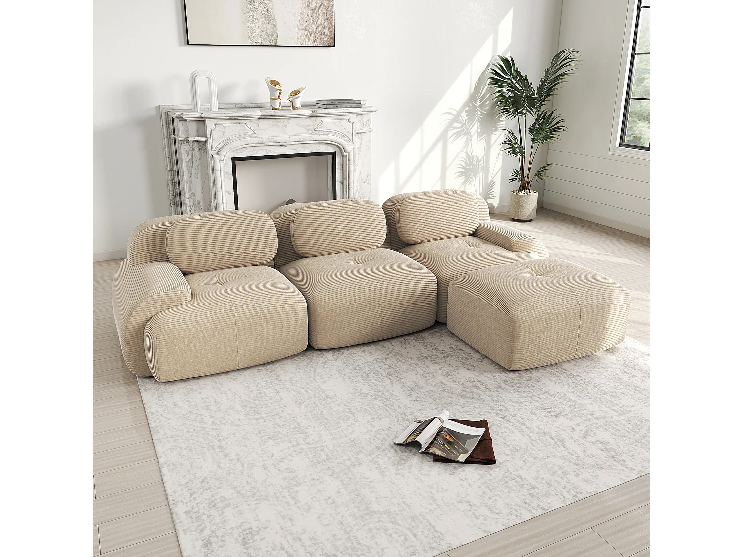 Beżowa sofa narożna - sofa 3-osobowa z zaokrąglonymi podłokietnikami i ozdobnymi poduszkami - sztruks 4626502 - obrazek 1
