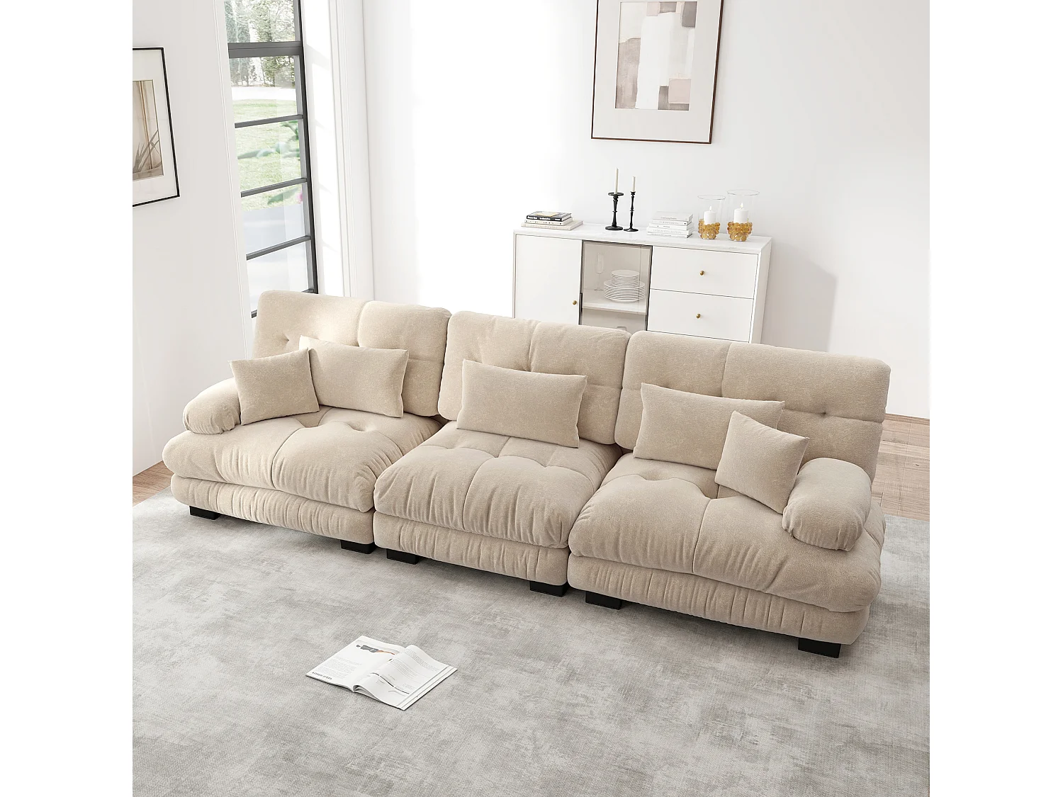 Beżowa sofa 3-osobowa – sofa prosta z 3 poduszkami lędźwiowymi i 3 poduszkami dekoracyjnymi – szenil 4626535