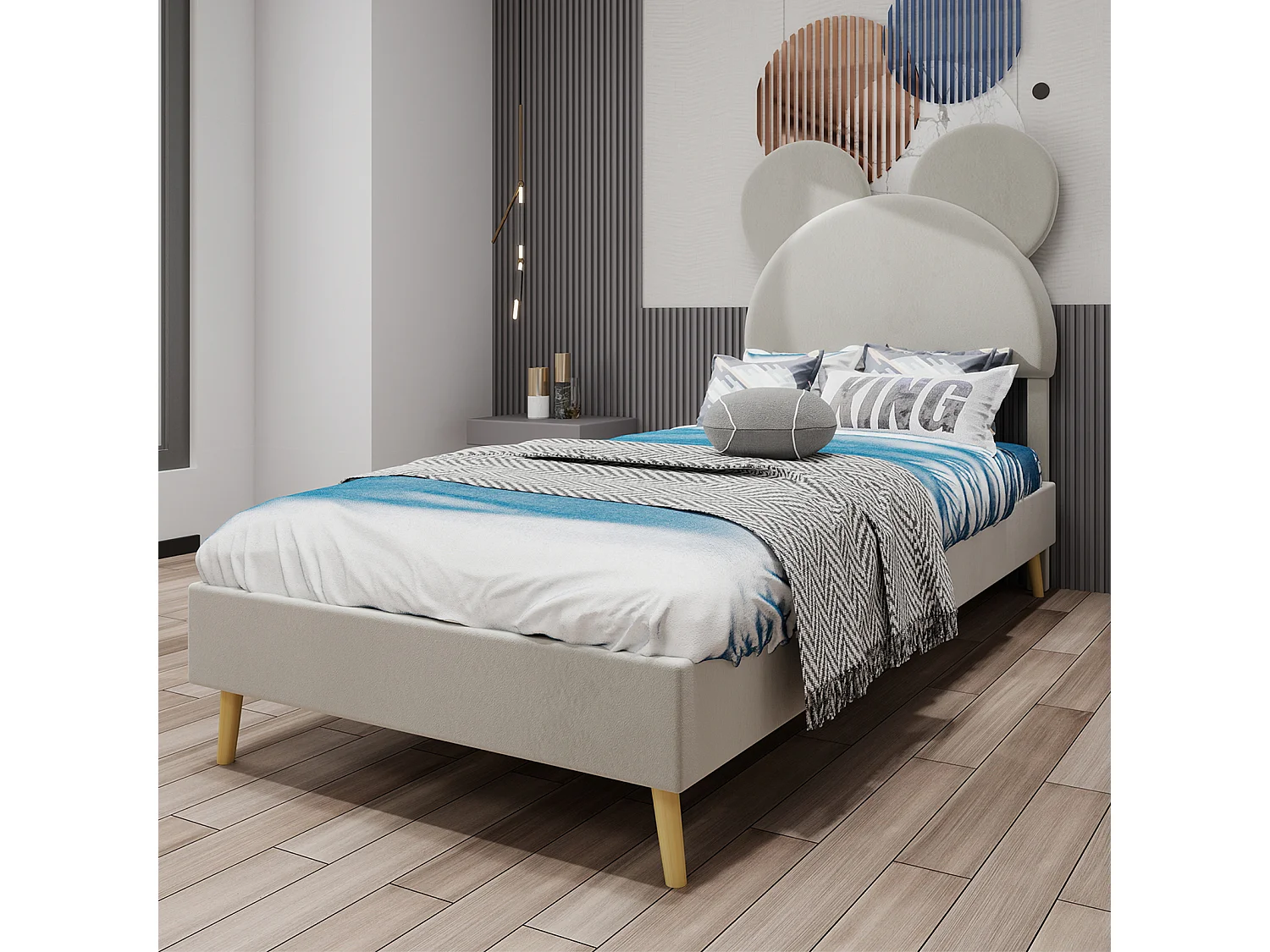 Łóżko dziecięce 140 x 200 cm - Łóżko dla dorosłych z zagłówkiem w stylu kreskówki i drewnianymi nogami - beżowy aksamit - materac nie jest wliczony w cenę 4626592 - obrazek 1