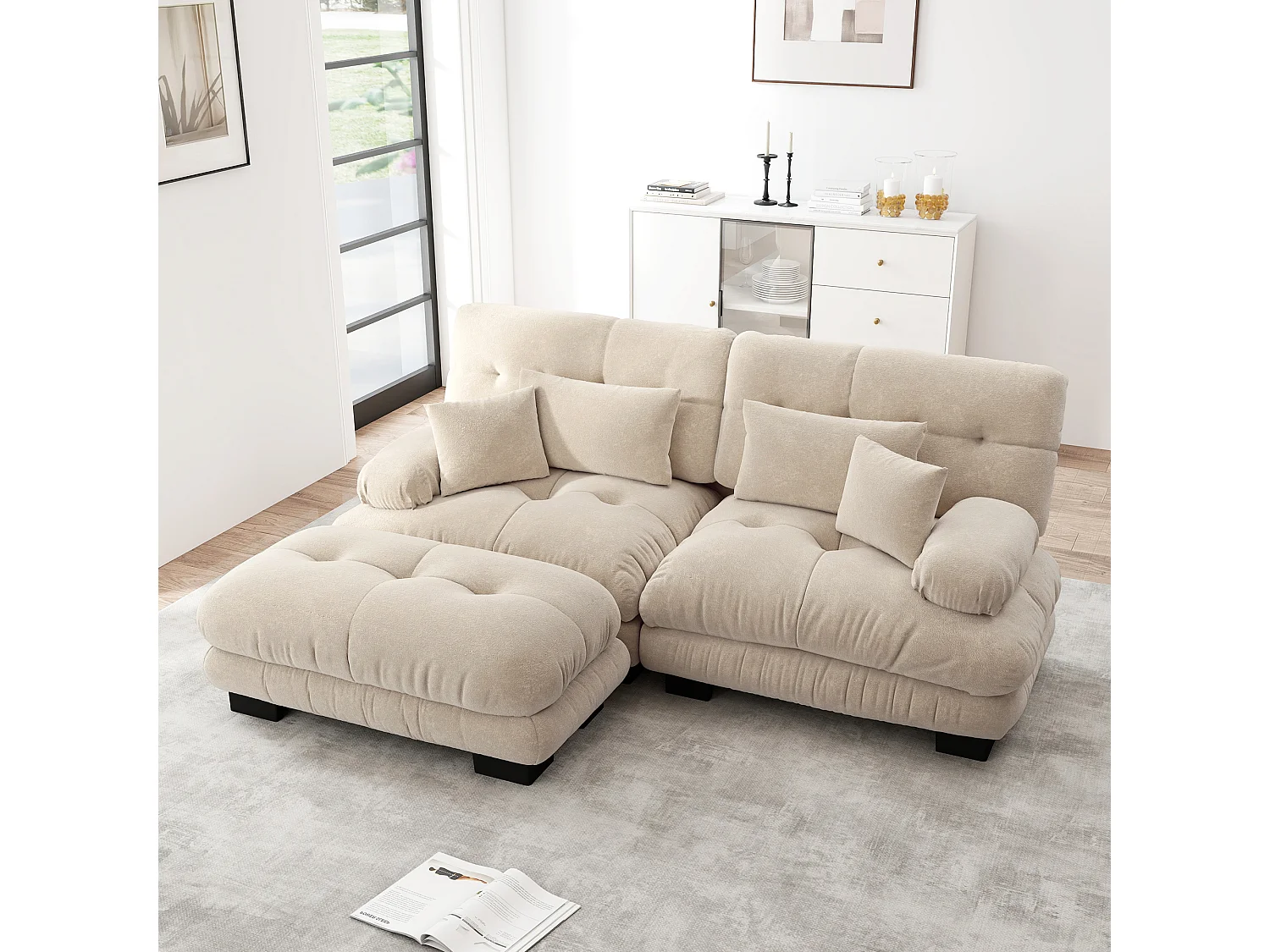 Beżowa sofa 2-osobowa - Narożnik z 2 poduszkami lędźwiowymi i 2 poduszkami dekoracyjnymi - podłokietnikami i podnóżkiem - szenil 4626933 - obrazek 1