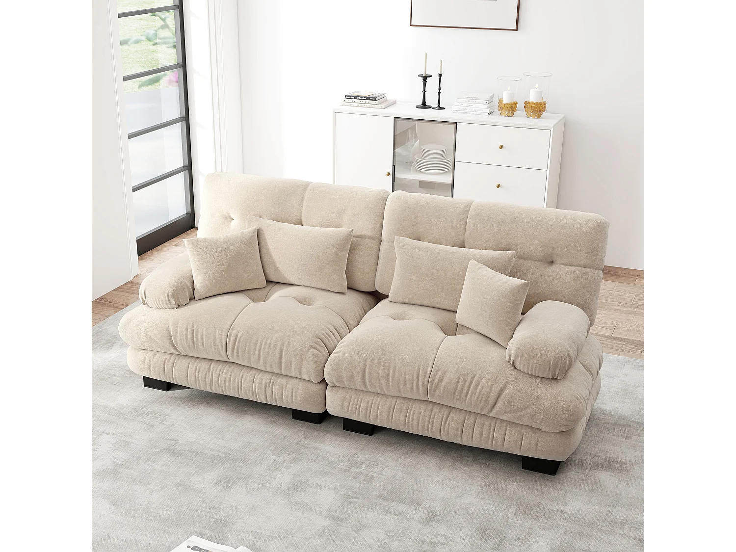 Beżowa sofa 2-osobowa – sofa prosta z 2 poduszkami lędźwiowymi i 2 poduszkami dekoracyjnymi – szenil 4627011