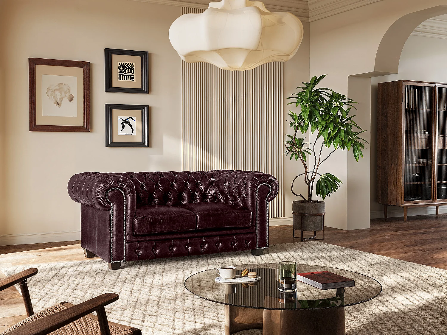 Kanapa 2-osobowa chesterfield BRENTON 100% skóry bawolej – Kolor: cherry 65838