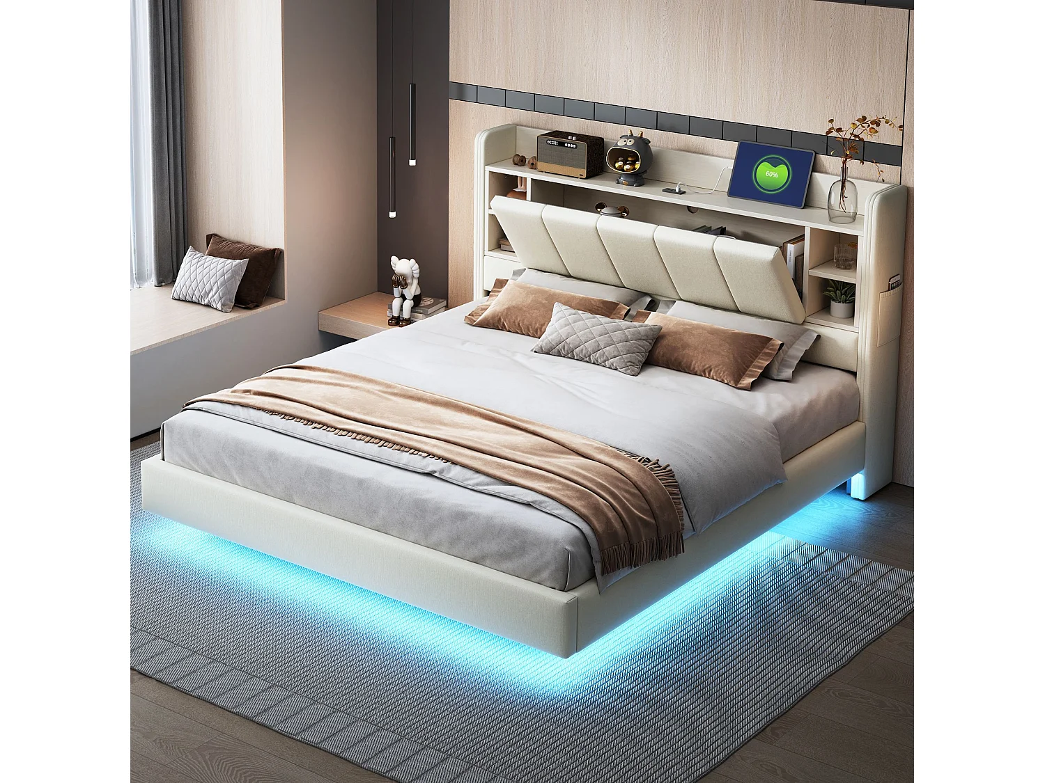 Łóżko małżeńskie 160x200 cm z portem USB i diodą LED, zagłówek ze schowkiem - len beżowy - bez materaca 4699278 - obrazek 1