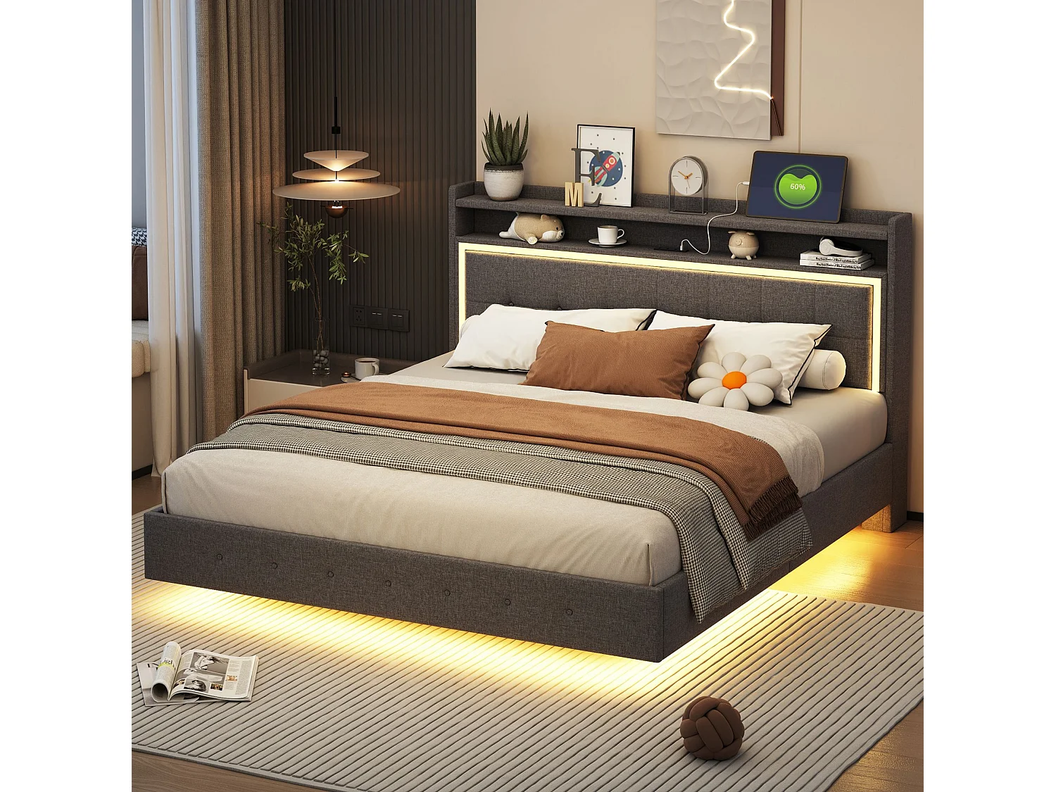 Łóżko małżeńskie 160x200 cm z LED i portami USB, tapicerowany zagłówek – szary len – bez materaca 4699295 - obrazek 1