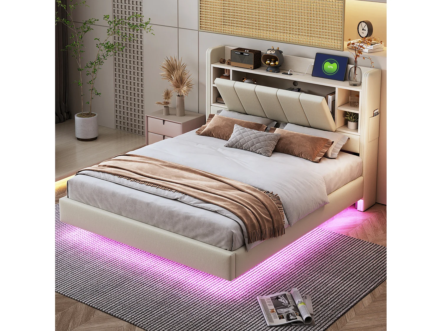 Łóżko dla dorosłych 140x200 cm z portem USB i diodą LED, zagłówek ze schowkiem - len beżowy - bez materaca 4699313 - obrazek 1