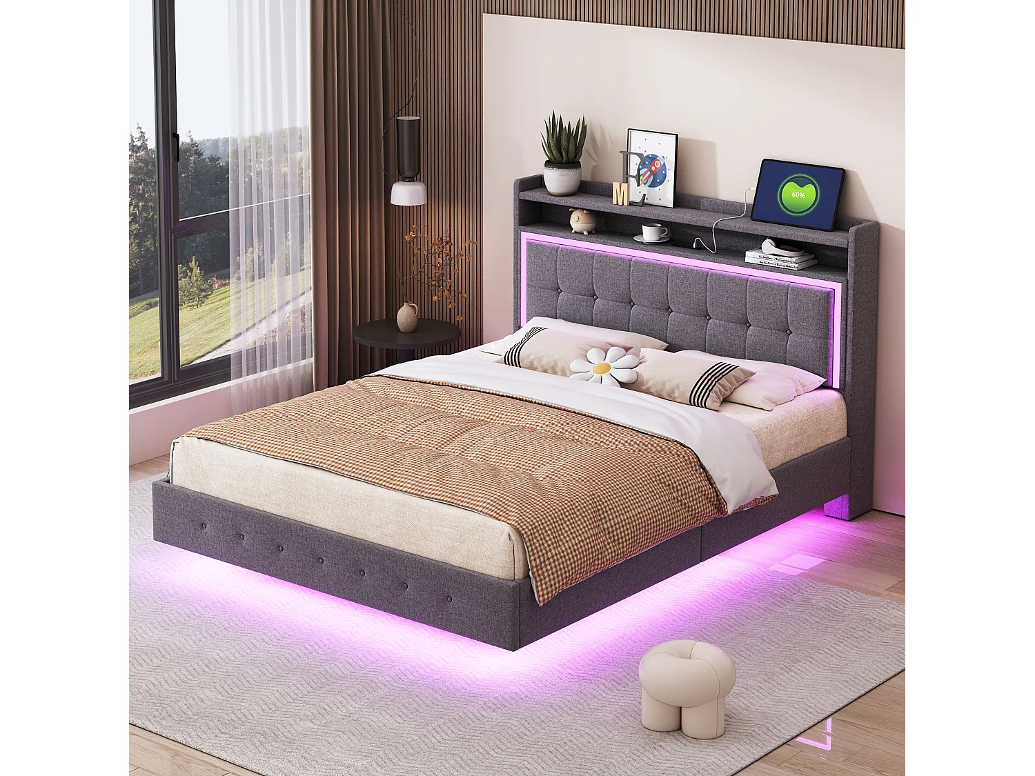 Łóżko dla dorosłych 140x200 cm z LED i portami USB, tapicerowany zagłówek – szary len – bez materaca 4699340 - obrazek 1