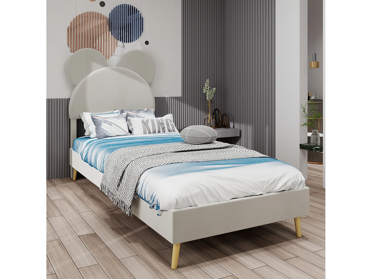 Łóżko dziecięce 140x200 cm z zagłówkiem z motywem kreskówek i stelażem z listew - beżowy aksamit (bez materaca) 4699354 - obrazek 1