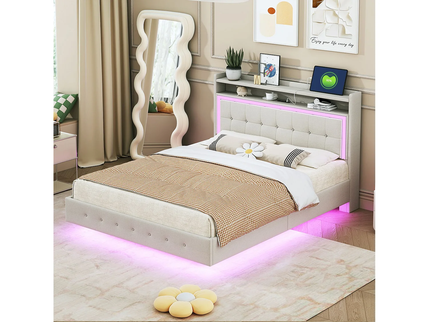Łóżko dla dorosłych 140x200 cm z LED i portami USB, tapicerowany zagłówek – beżowy len – bez materaca 4699351 - obrazek 1