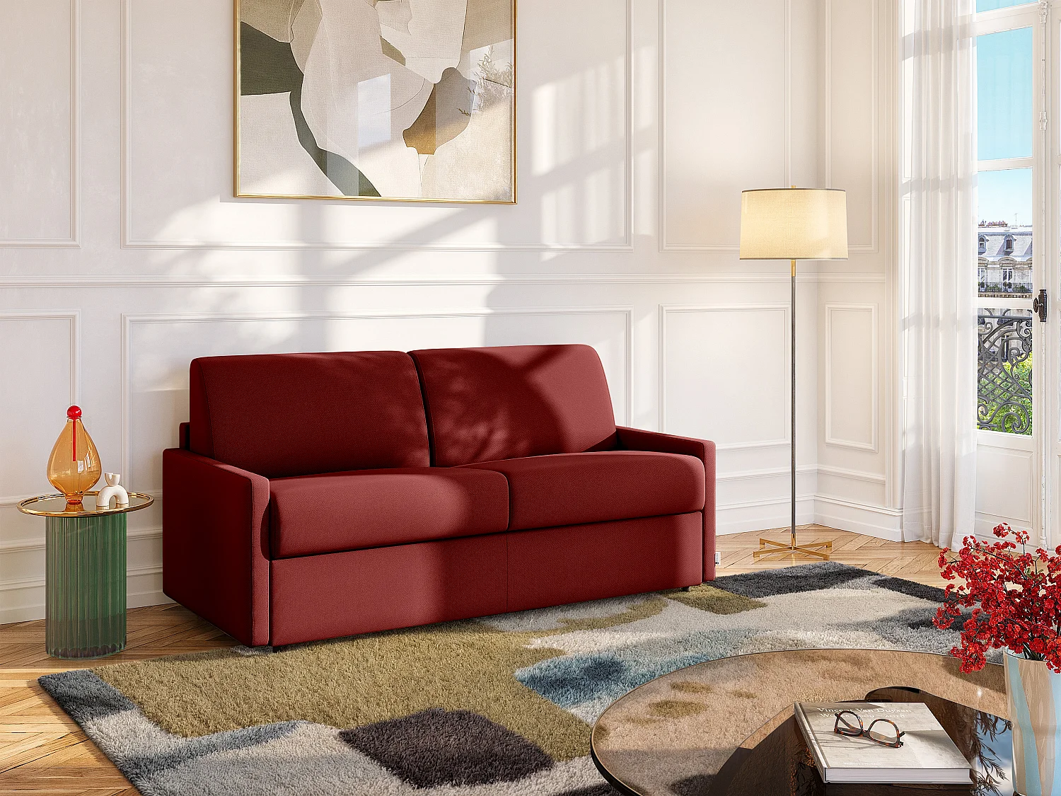Kanapa 2-osobowa z ekspresowym mechanizmem rozkładania z ekoskóry CALIFE - Kolor: czerwony - Miejsce do spania: 120 cm - Materac 22 cm z pamięcią kształtu 96099 - obrazek 1