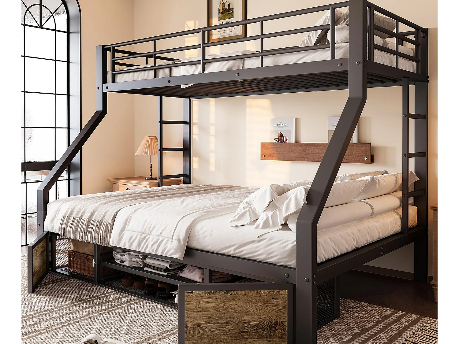 Łóżko piętrowe 90×200 cm + 140×200 cm – z półką na buty – przegrody przechowawcze – barierki bezpieczeństwa i drabina – czarny 4706428