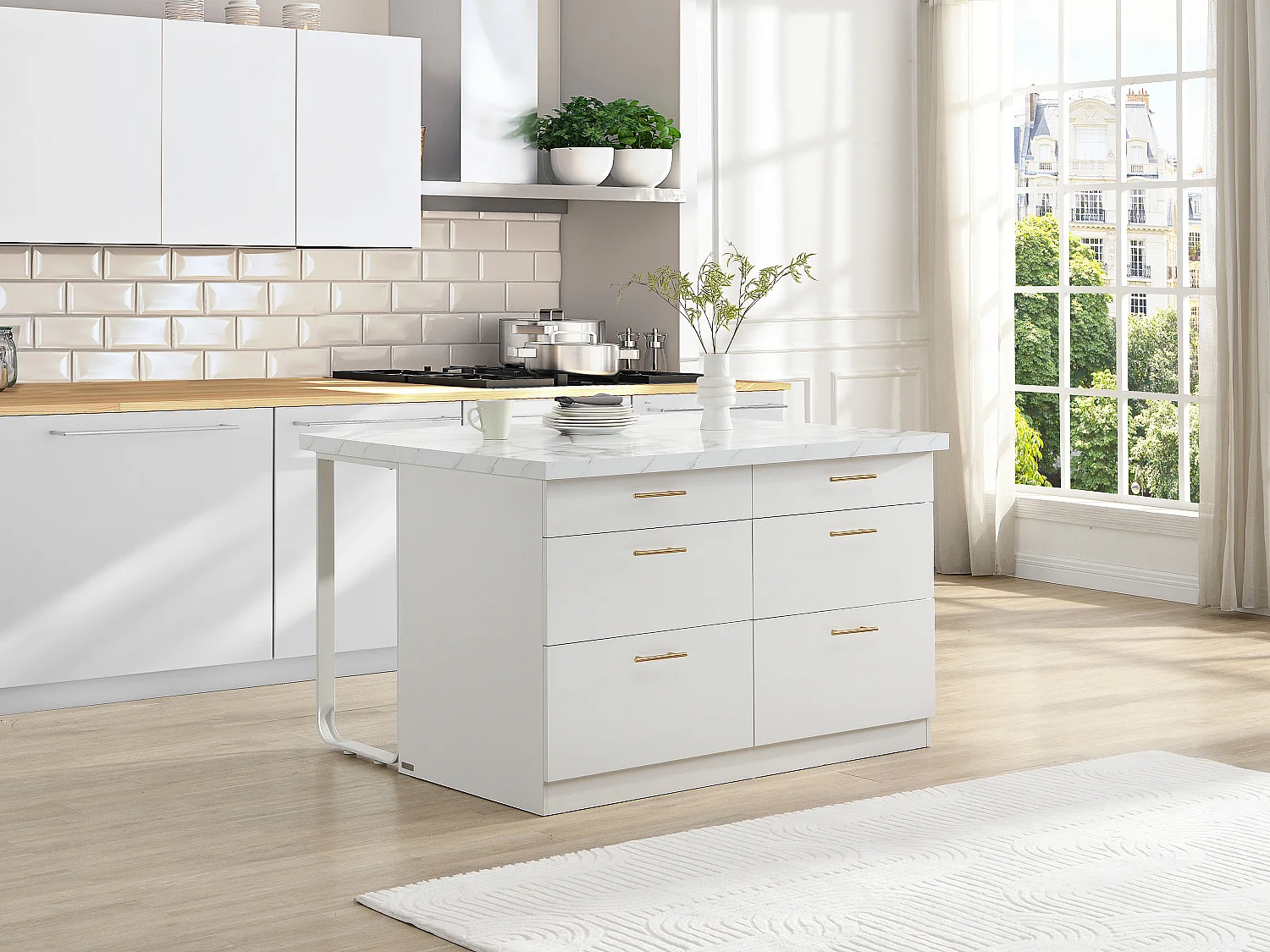 Wyspa kuchenna z 6 szufladami z MDF i metalu - Efekt białego marmuru - ALEGRITA 3978920 - obrazek 1