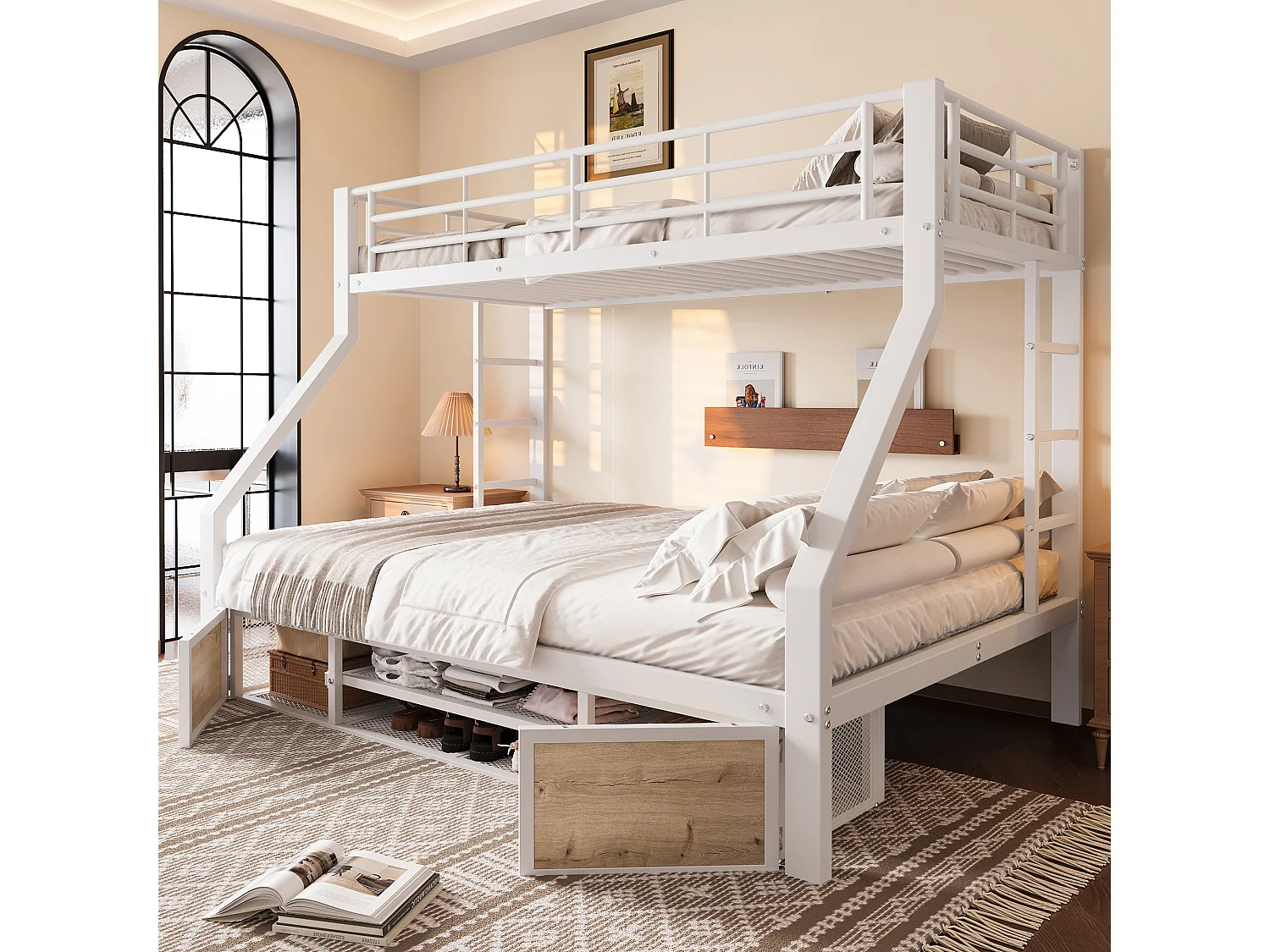 Łóżko piętrowe dla dzieci – 90 x 200 cm + 140 x 200 cm – z szafką na buty + schowkiem – metalowe – białe 4712061