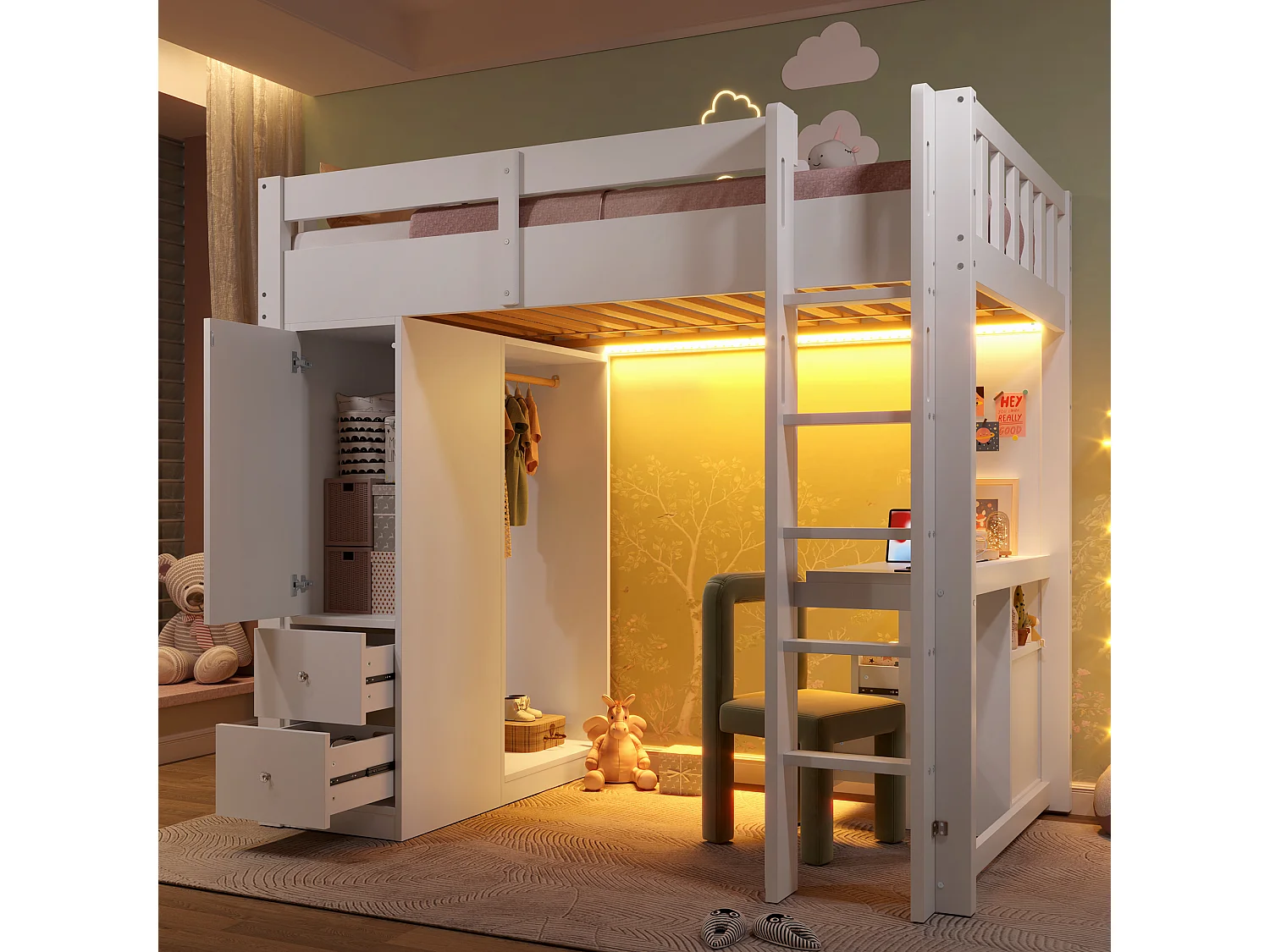 Łóżko piętrowe dla dzieci - 90 x 200 cm - z 4 szufladami + szafa + biurko + diody LED i USB - drewno + MDF - białe 4712075 - obrazek 1