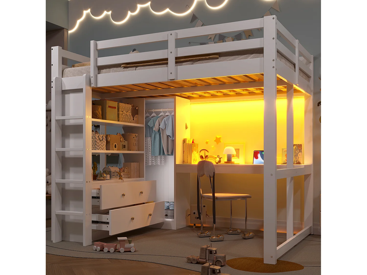 Łóżko piętrowe dla dzieci - 140 x 200 cm - 2 szuflady + półki + biurko + oświetlenie LED i USB + szafa - drewno + MDF - białe 4712074 - obrazek 1