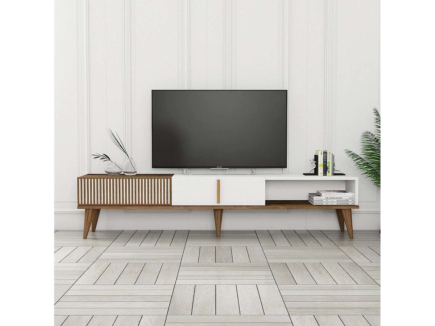 Elegancka szafka pod telewizor – 180 x 40 x 35 cm – orzech i biel – płyta wiórowa pokryta melaminą w 100% 1364859 - obrazek 1
