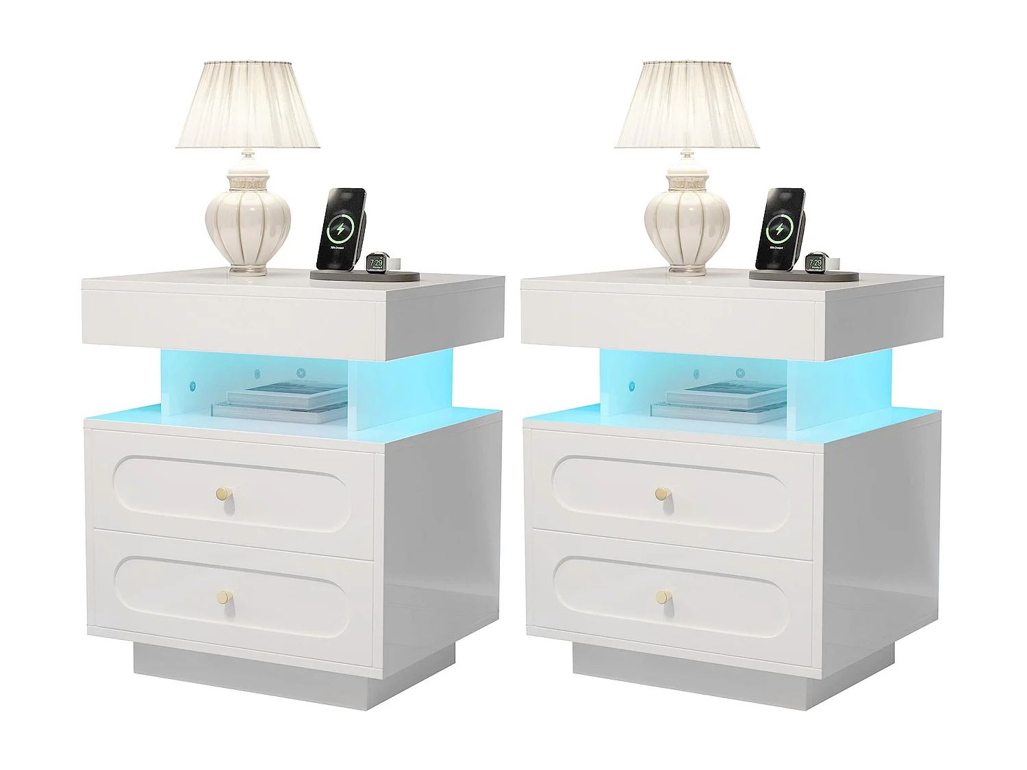 2 komplety stolików nocnych 100x40x60 cm – z oświetleniem LED – z 4 szufladami i 2 otwartymi przestrzeniami przechowawczymi – Biały 4727458